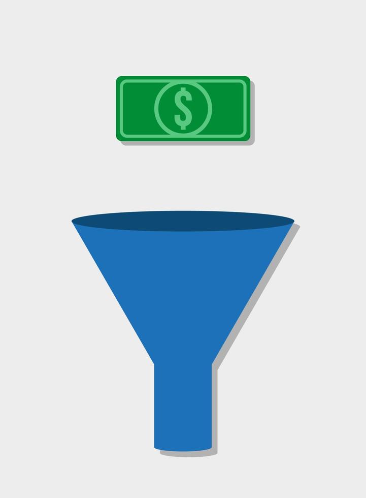 un'illustrazione vettoriale di un imbuto blu e una banconota verde del dollaro statunitense su sfondo bianco