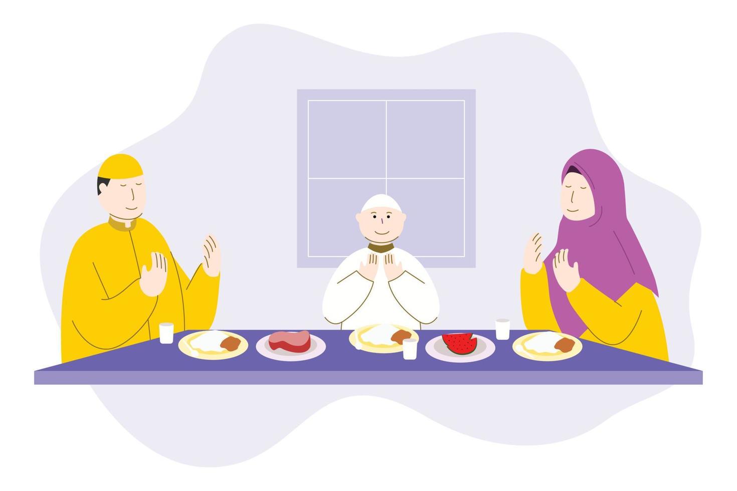 famiglia musulmana sahur e iftar insieme nel ramadan kareem, celebrando l'illustrazione vettoriale del ramadan mubarak