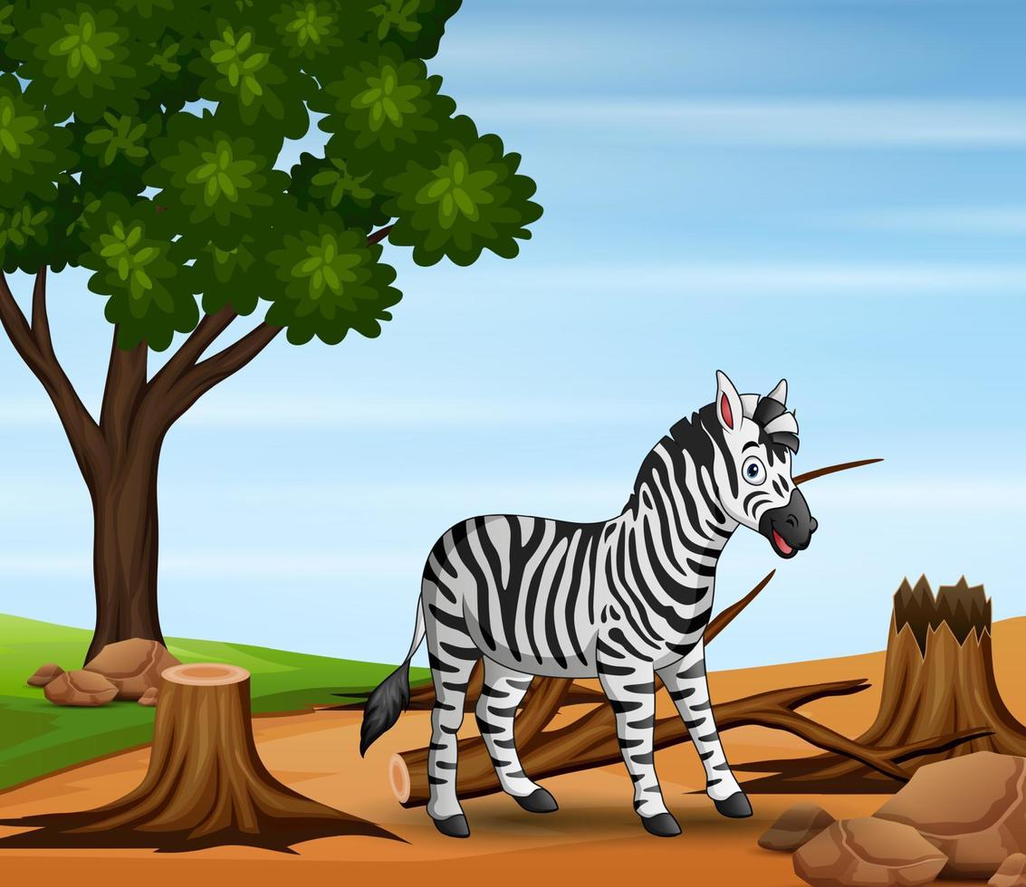 scena di sfondo con illustrazione di deforestazione e zebra vettore