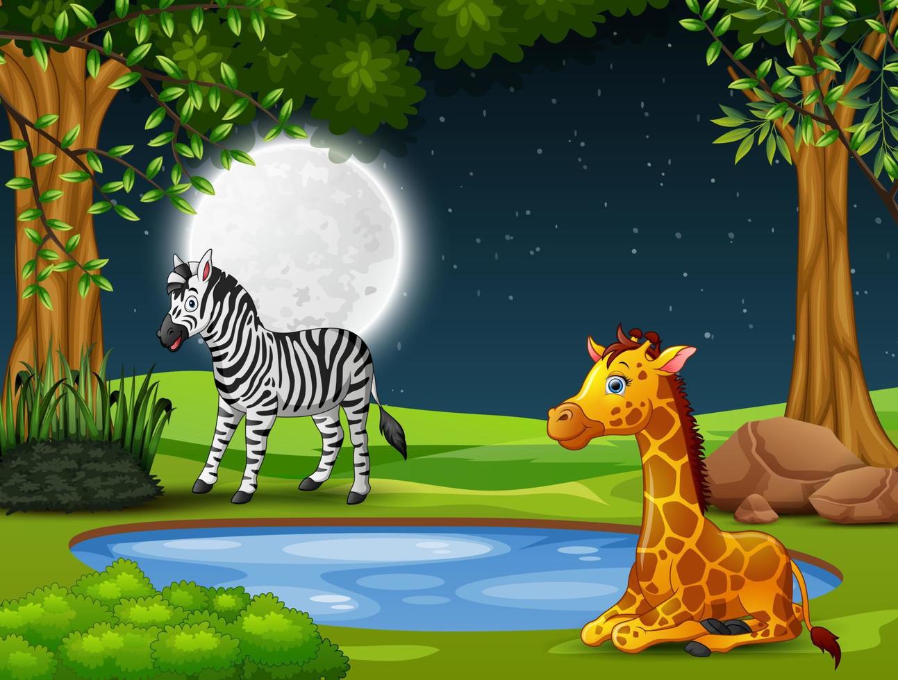 una zebra e una giraffa che si godono la natura di notte vettore