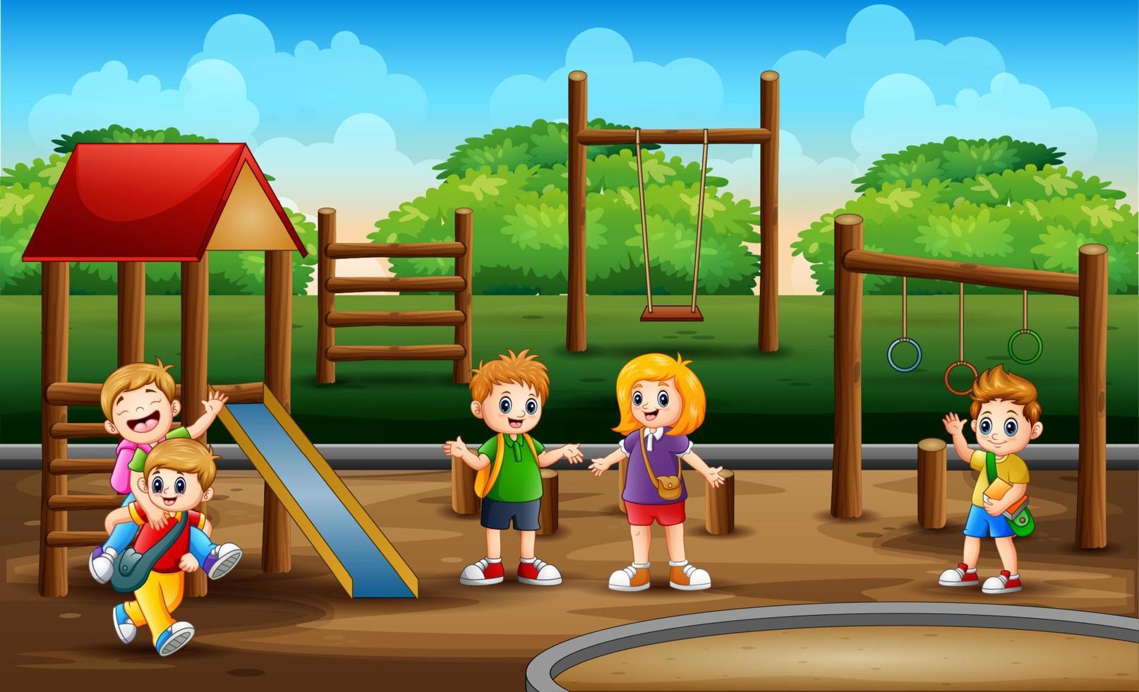 bambini delle scuole nella scena del parco giochi vettore