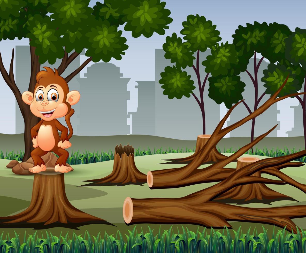 scena di deforestazione con illustrazione di scimmia e legname vettore