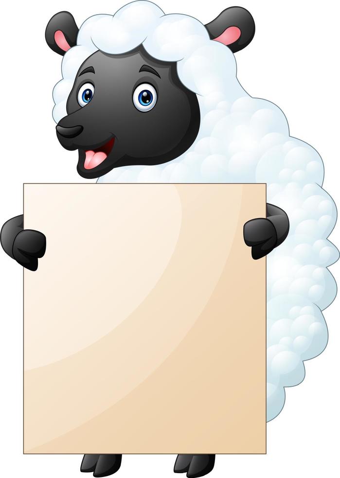 pecore divertenti che tengono segno in bianco con entrambe le mani vettore