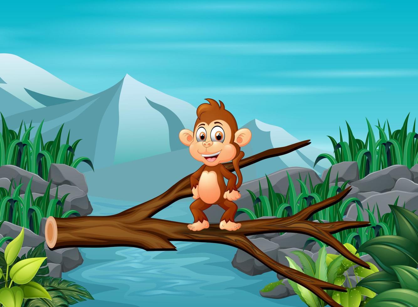 illustrazione di una scimmia che attraversa un ponte ad albero vettore