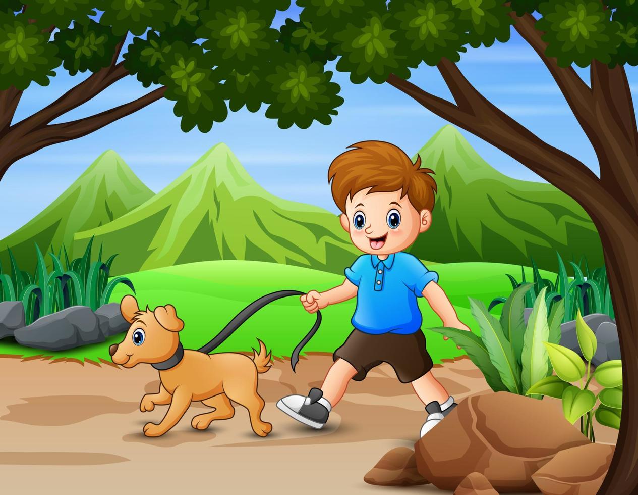 ragazzo divertente con il suo animale domestico che cammina nel parco vettore