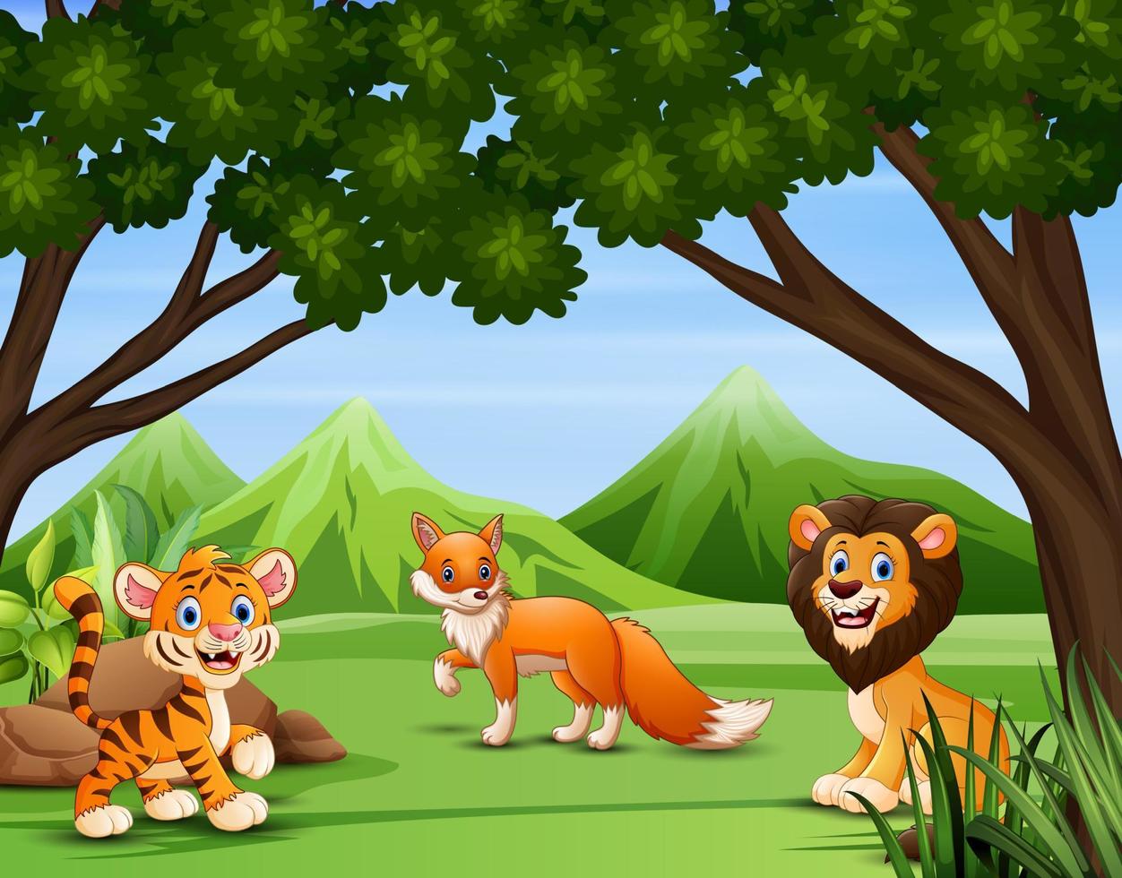illustrazione di vari animali nella foresta vettore