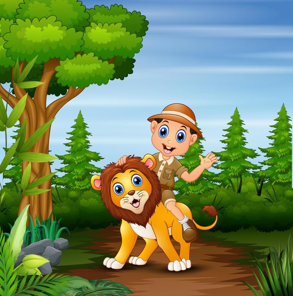 ragazzo safari con leone che cammina nella giungla vettore