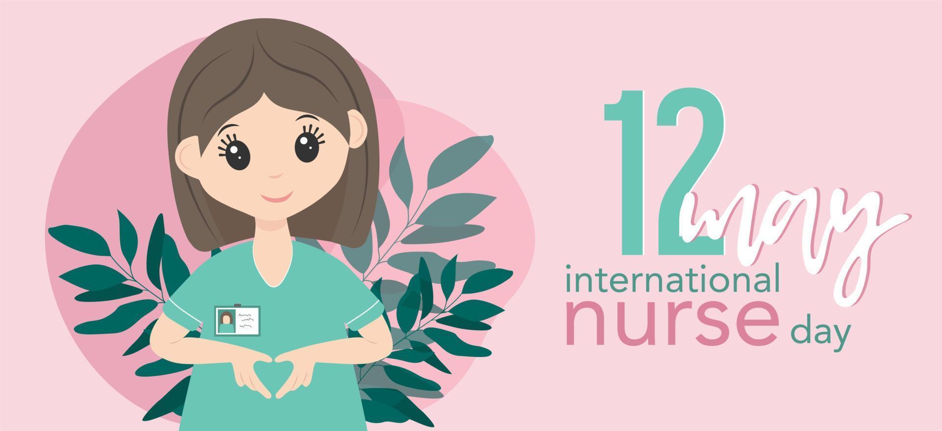 giornata internazionale dell'infermiere 12 maggio. felice infermiera in uniforme. colori rosa e menta. striscione con scritte. fai cantare un cuore con le mani. vettore