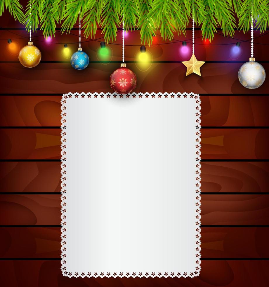tavolato in legno con carta bianca e ornamento natalizio vettore