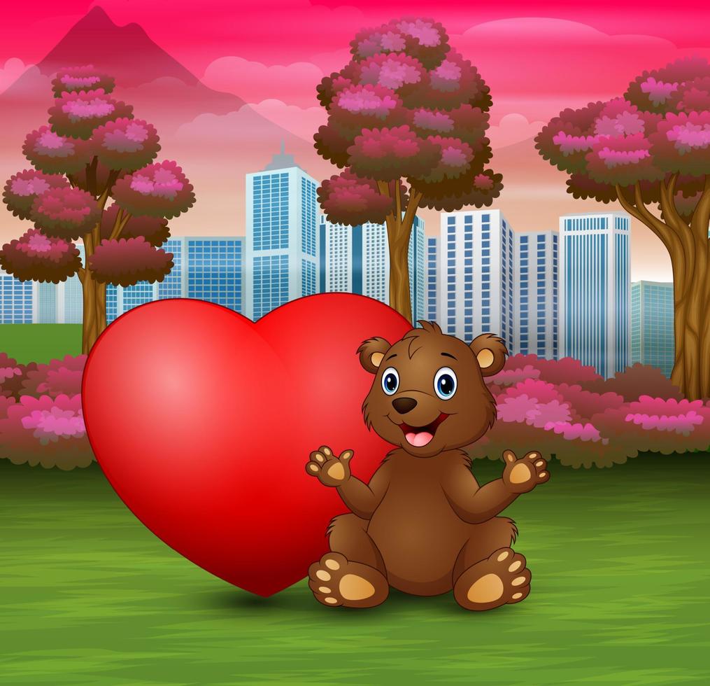 divertente baby orso seduto con cuore rosso vettore