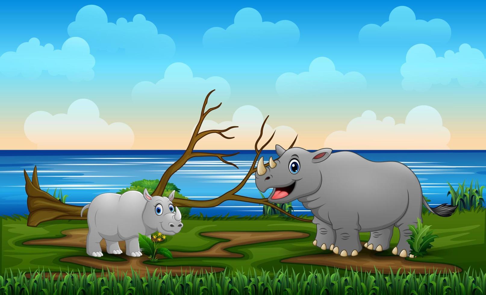 un grande rinoceronte con il suo cucciolo nel campo vettore