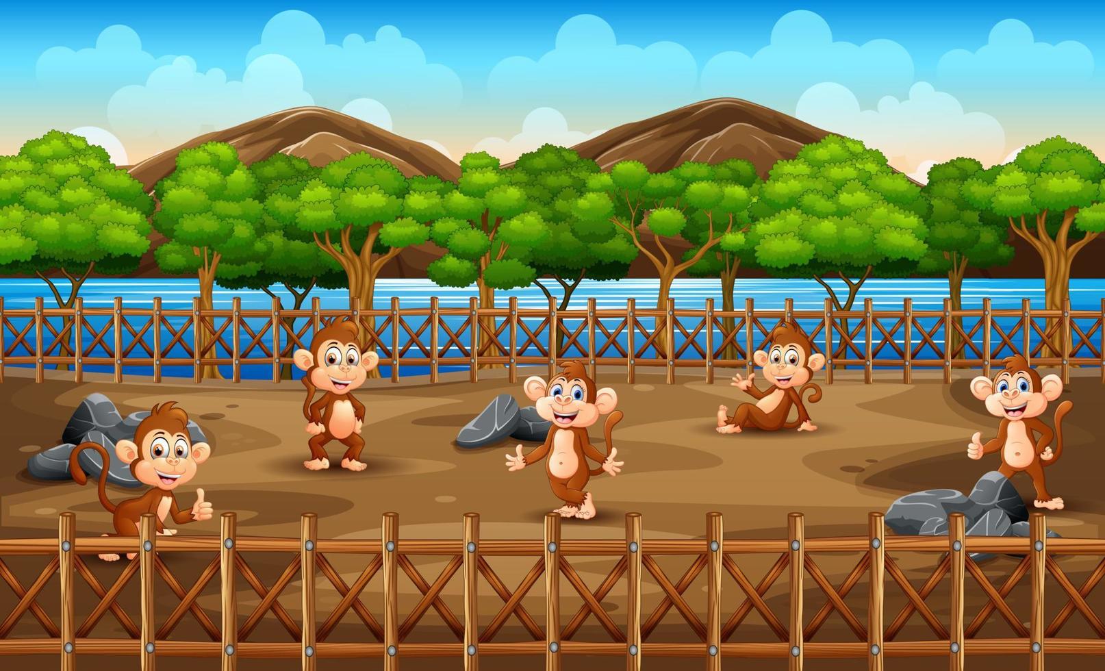 scena con un gruppo di scimmie allo zoo vettore