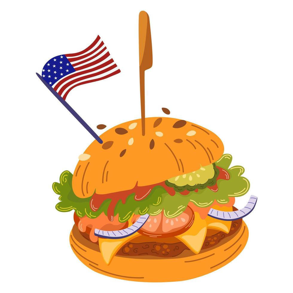 hamburger. hamburger americano dei cartoni animati con tortino di carne, lattuga, pomodoro e formaggio. delizioso fast food. perfetto per la stampa di menu e poster di ristoranti. illustrazione disegnata a mano di vettore