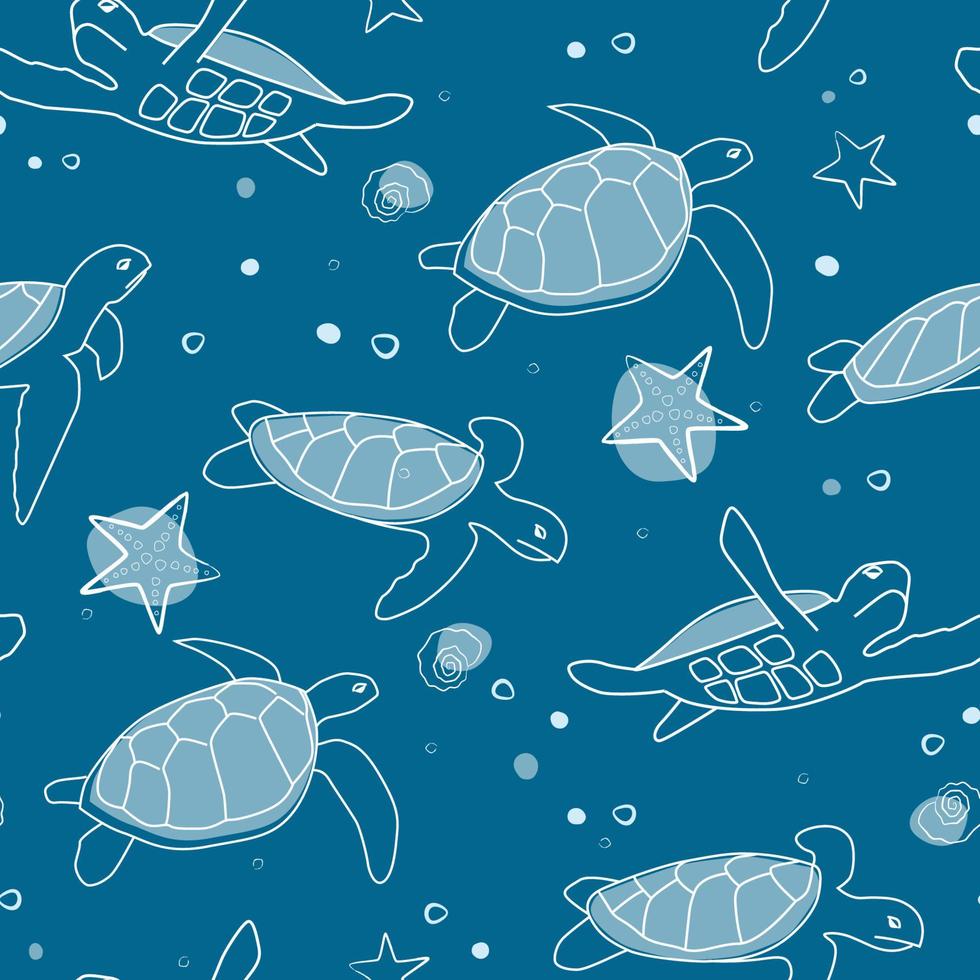 una serie di modelli senza cuciture con animali marini. tartaruga marina, conchiglie, stelle marine, forme semplici per stampe, tessuti. grafica vettoriale. vettore