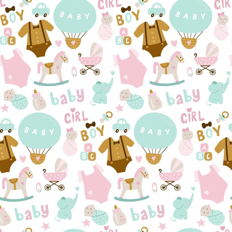 modello senza cuciture di elementi baby shower, elefante, giocattolo, nuvola, arcobaleno, latte, bambino, bottiglia, calzino, stella. illustrazione vettoriale