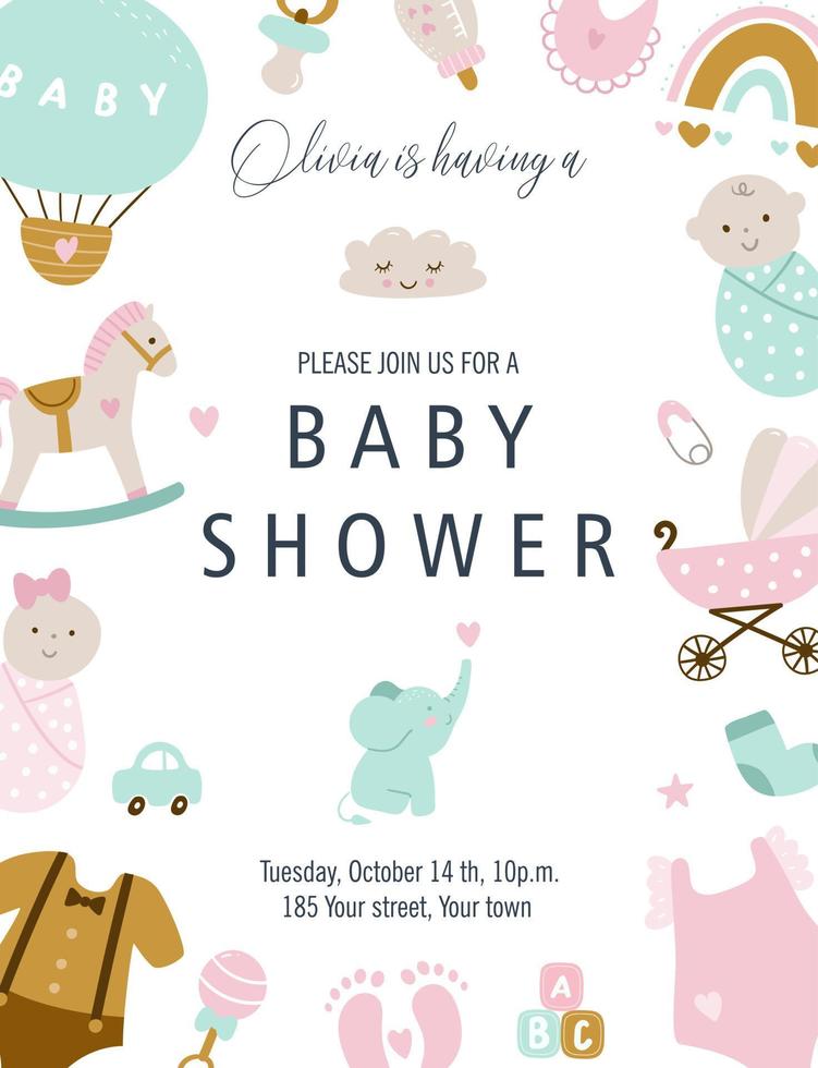 carta baby shower con elementi, elefante, giocattolo, latte, bambino, biberon, calzino, stella. illustrazione vettoriale