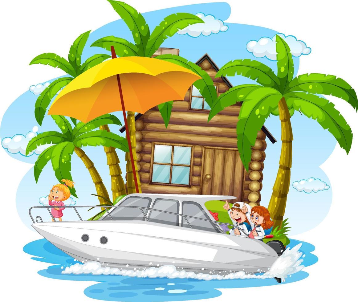 bungalow isola tropicale e bambini in barca vettore