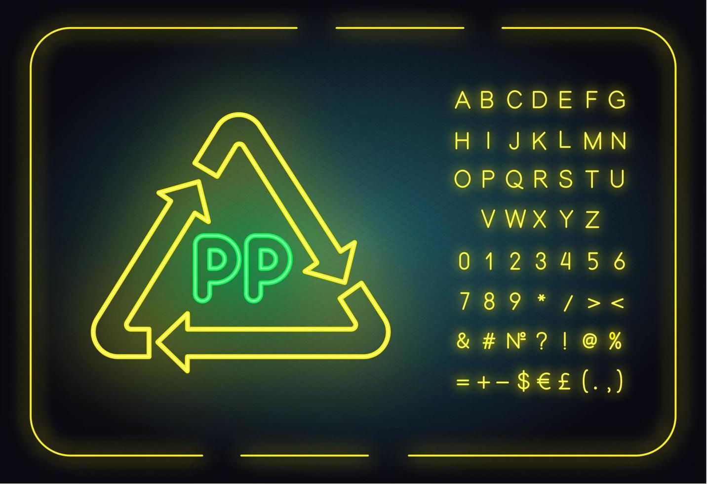 icona della luce al neon simbolo pp. marcatura in polimero termoplastico. codice di identificazione della resina. triangolo freccia. chimica organica. segno luminoso con alfabeto, numeri e simboli. illustrazione vettoriale isolato