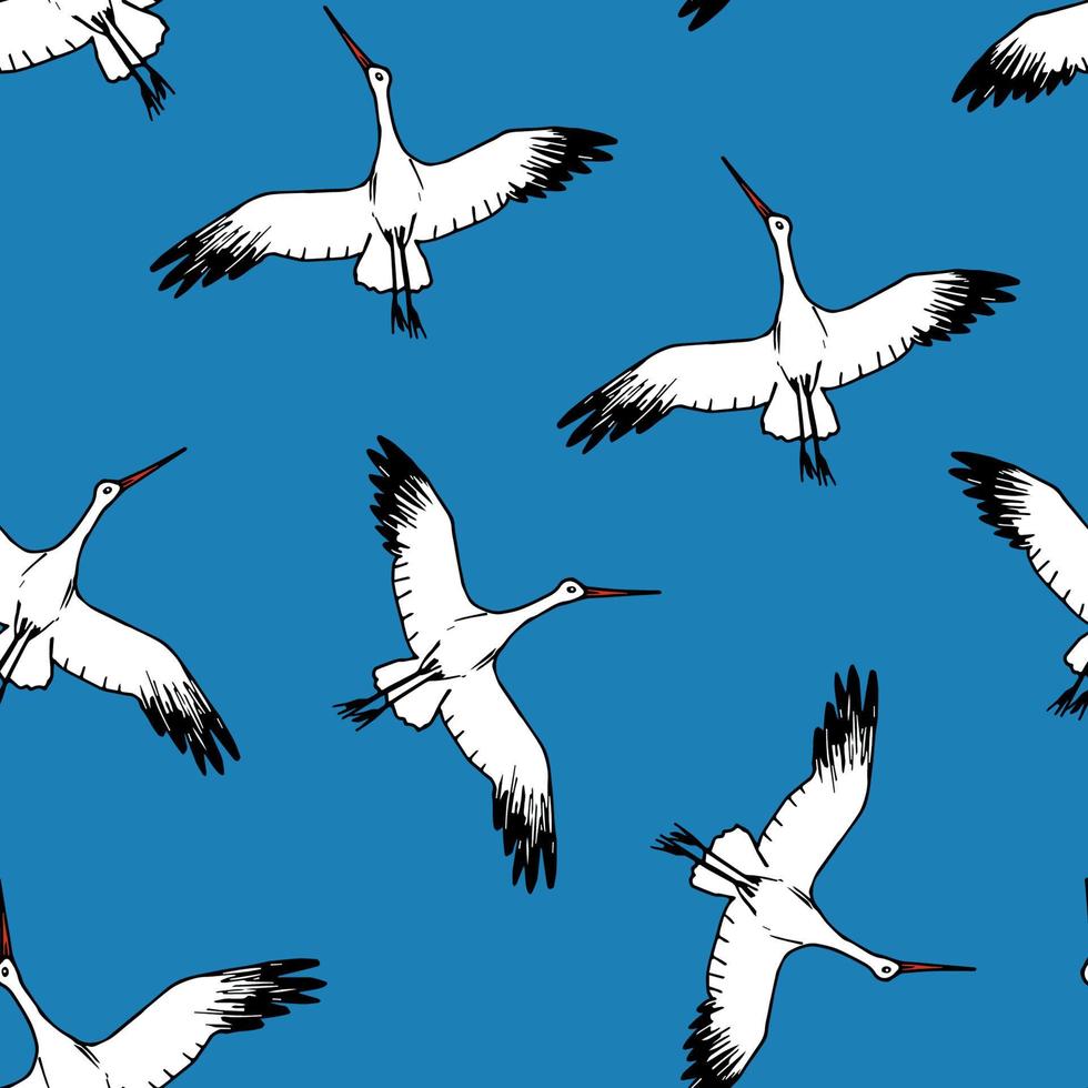 modello senza cuciture di vettore disegnato a mano. cicogna bianca che vola nel cielo su uno sfondo blu brillante. uccelli selvatici, animali, natura. per stampe di abbigliamento per bambini, tessuti, imballaggi, prodotti tessili.