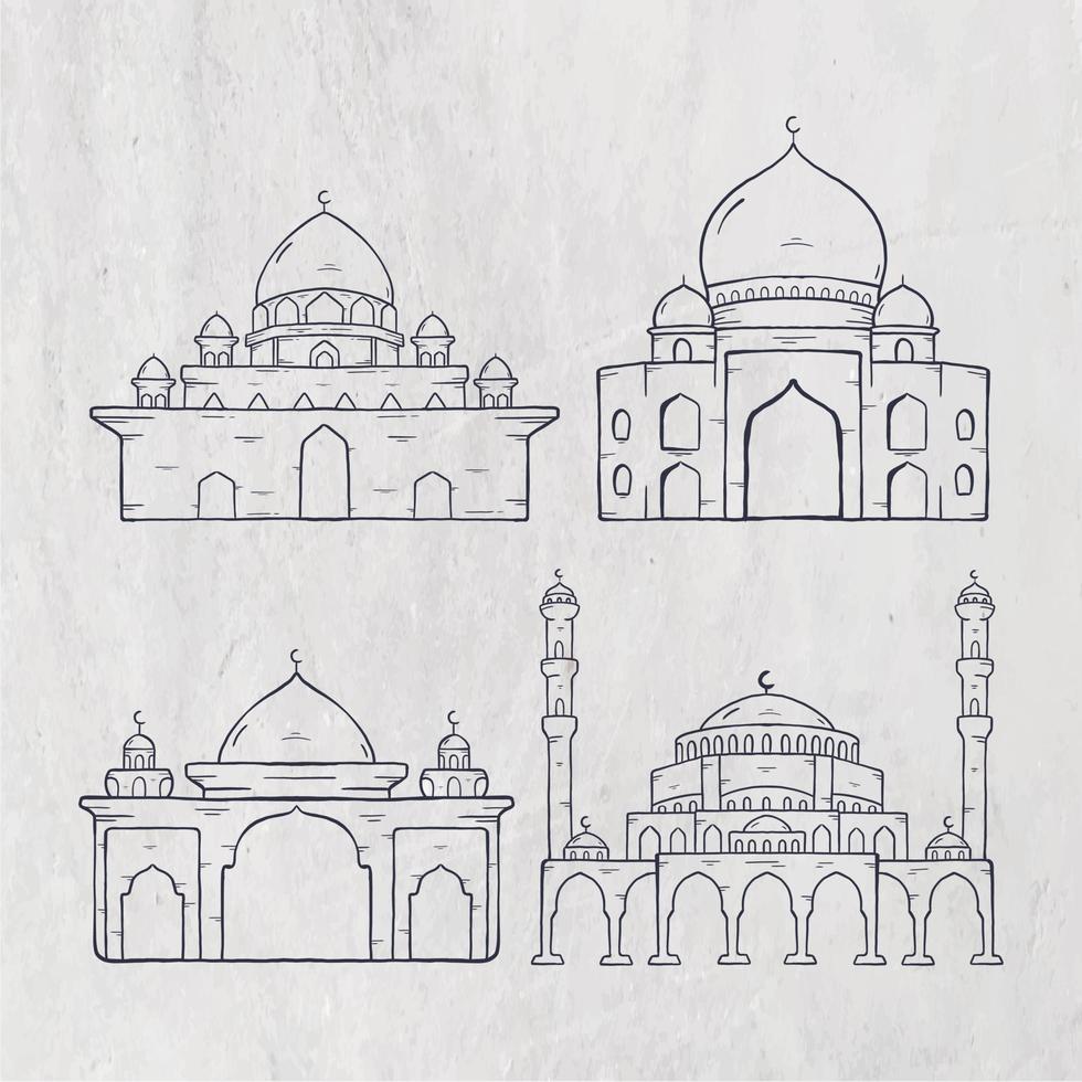 set di moschea islamica. illustrazione grafica vettoriale. concetto di design moschea con stile schizzo disegnato a mano vettore