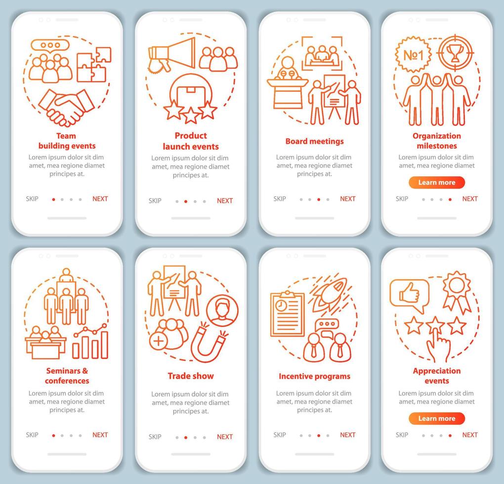 schermata della pagina dell'app mobile di onboarding della gestione degli eventi aziendali con concetti lineari. pianificatore di eventi speciali dell'azienda procedura dettagliata passaggi istruzioni grafiche. modello vettoriale ux, ui, gui con illustrazione