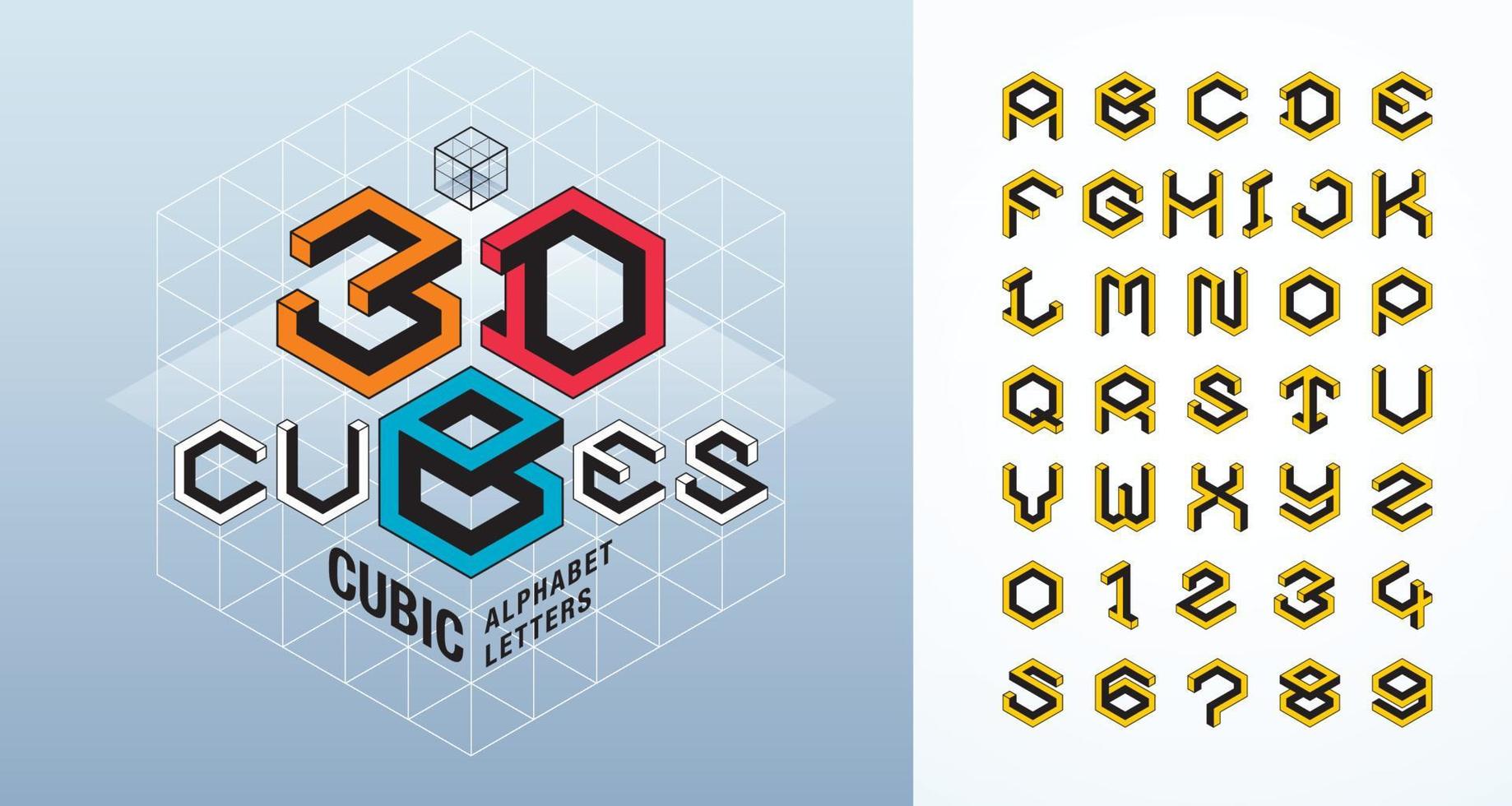 caratteri stilizzati esagonali 3d astratti. vettore di lettere e numeri dell'alfabeto cubo.