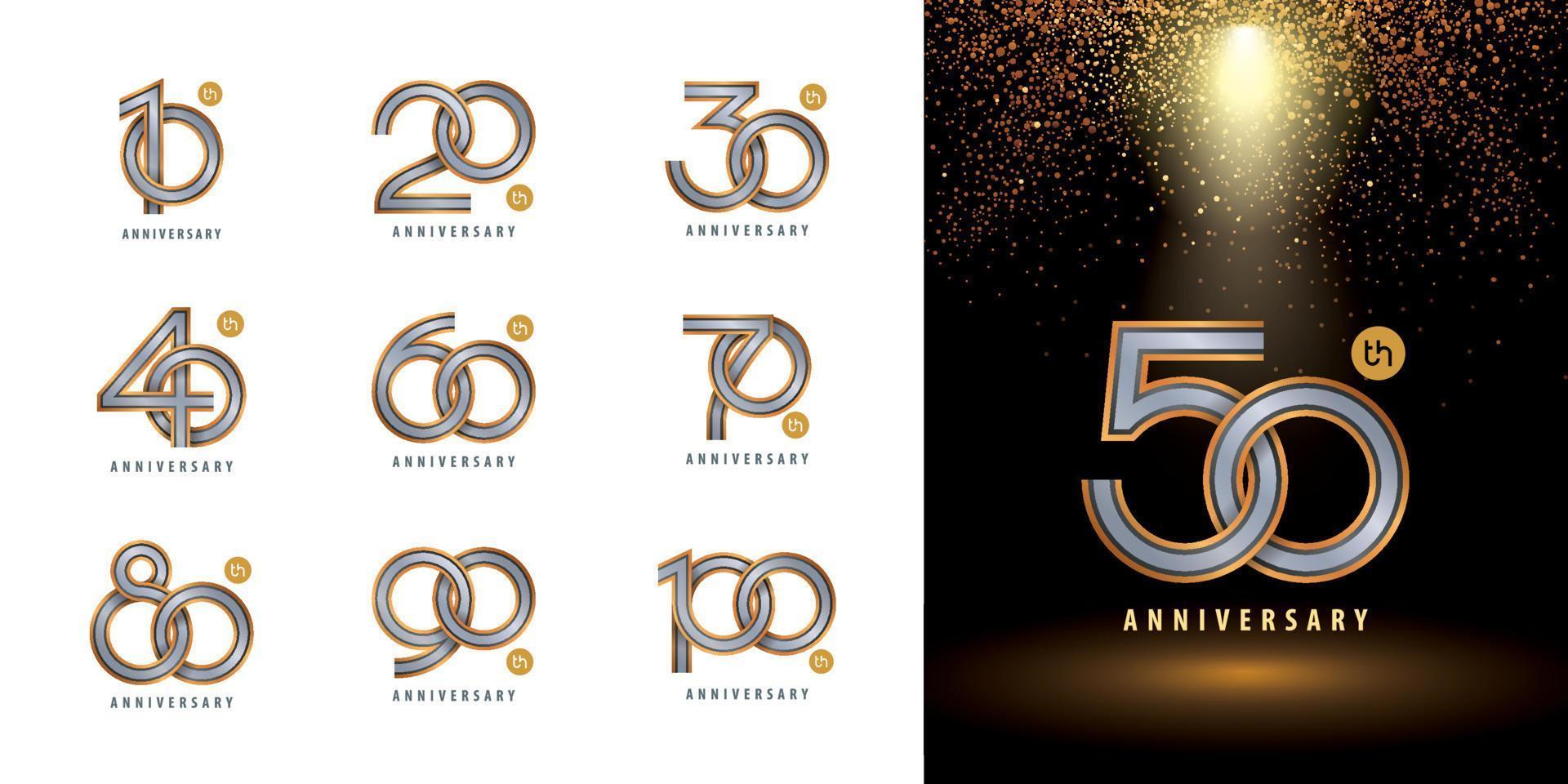 set di design del logo dell'anniversario, vettore del logo del numero del cerchio ad incastro. celebra l'anniversario logo tripla linea argento e oro per la celebrazione.