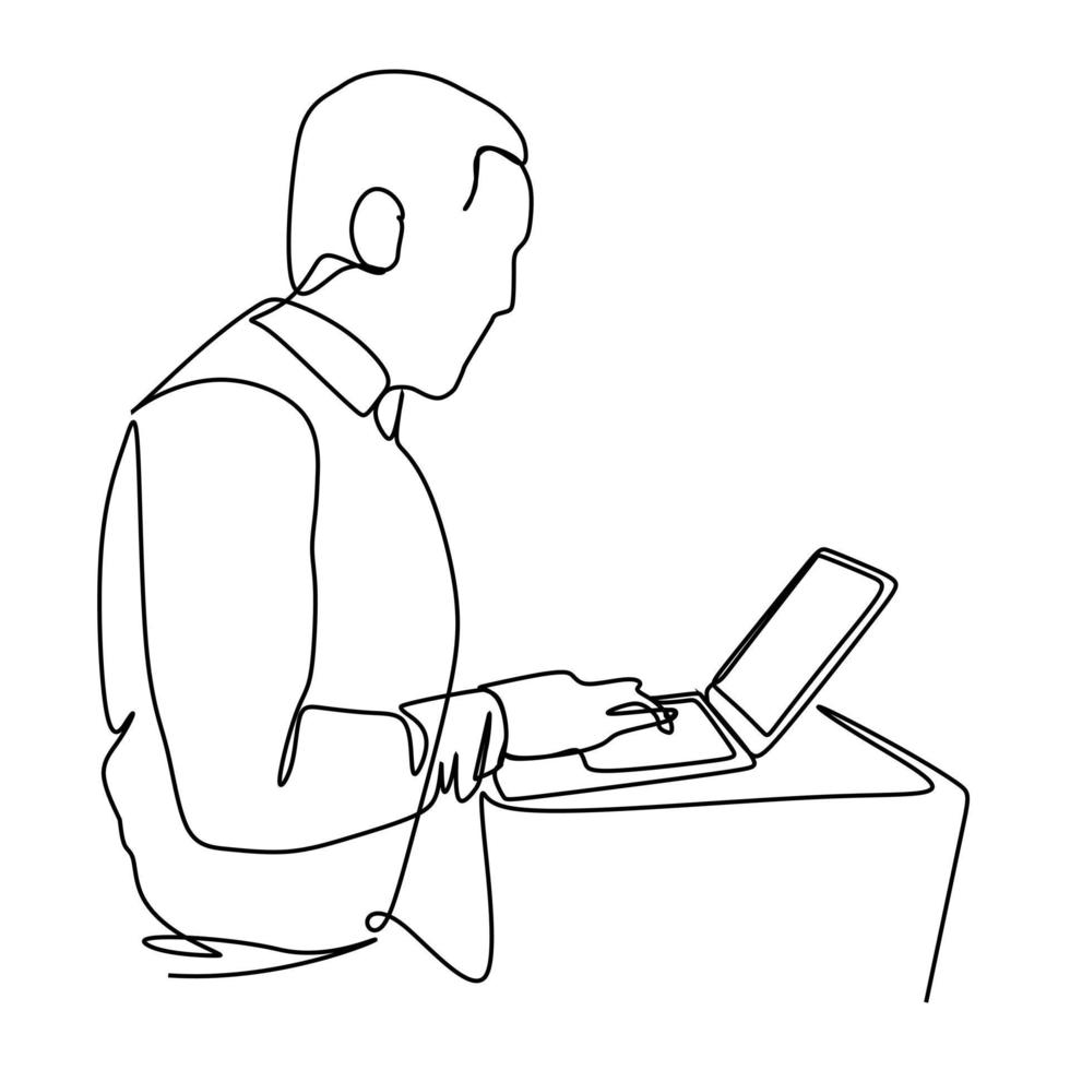 disegno a tratteggio continuo dell'uomo che lavora utilizzando il computer portatile. concetto di tecnologia moderna disegnata a mano a linea singola vettore