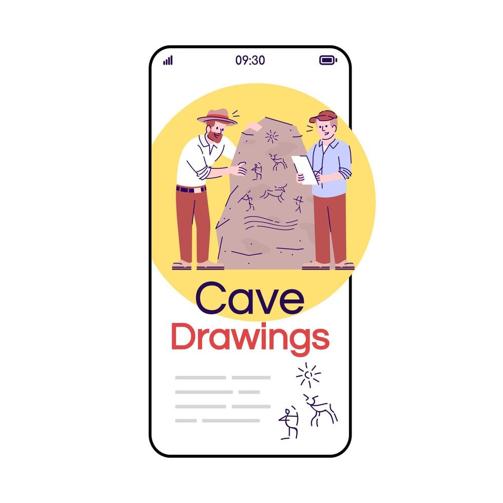 disegni rupestri post sui social media schermo dell'app per smartphone. display per telefoni cellulari con mockup di design di personaggi dei cartoni animati. archeologia. cultura dell'uomo delle caverne che ricerca l'interfaccia telefonica dell'applicazione vettore