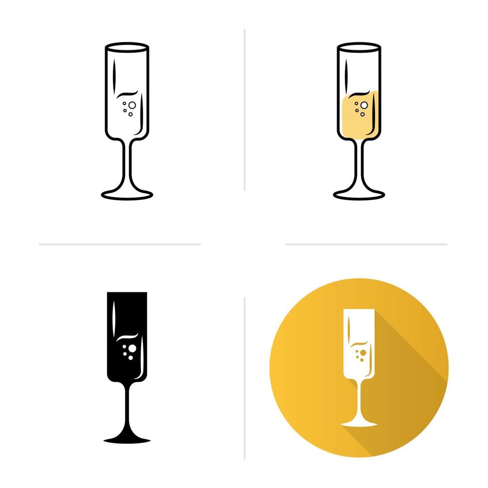 set di icone di bicchiere di vino forte. Champagne. bevanda alcolica con bollicine. cocktail di festa. bevanda da aperitivo. stoviglie, cristalleria. design piatto, stili lineari, neri e di colore. illustrazioni vettoriali isolate