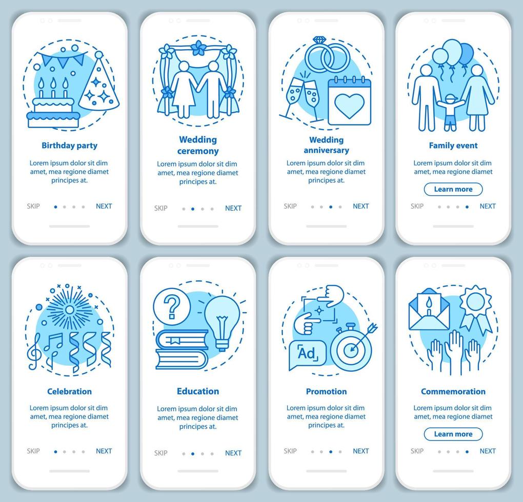 gestione degli eventi speciali onboarding schermata della pagina dell'app mobile con concetti lineari. organizzatore di feste. istruzioni grafiche dettagliate per la celebrazione delle vacanze. ux, ui, gui modelli vettoriali impostati con illustrazione