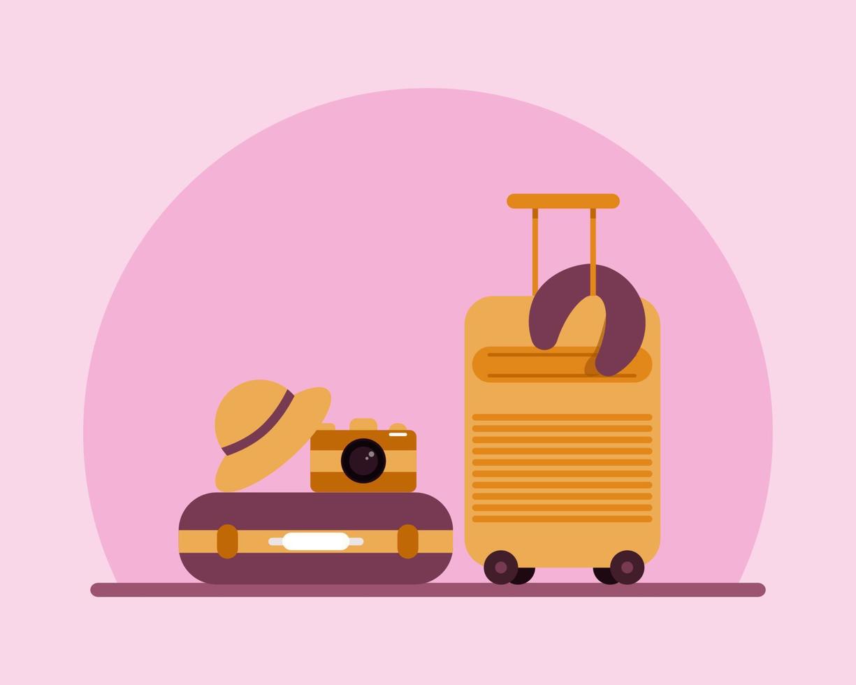 valigia o borsa da viaggio con fotocamera, cappello e cuscino. concetto di vacanza. stile vettoriale cartone animato per il tuo design.