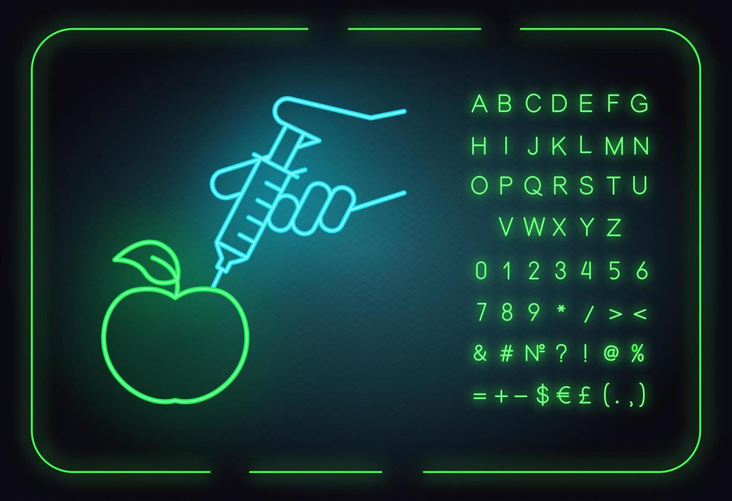 mela con icona della luce al neon della siringa. cibo geneticamente modificato. chimica organica. modifica del dna. tecnologie agricole. segno luminoso con alfabeto, simboli. illustrazione vettoriale isolato