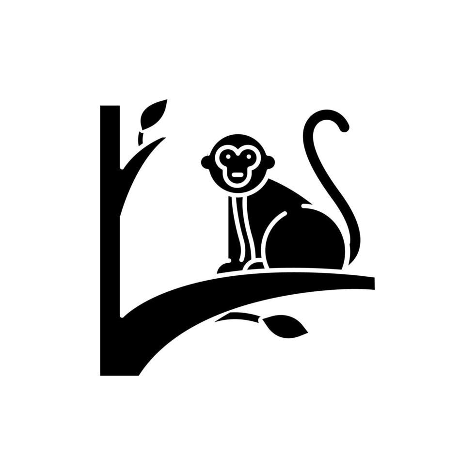 icona del glifo scimmia sull'albero. animale di campagna tropicale, mammifero. esplorare la fauna esotica delle isole indonesiane. primate seduto. simbolo della sagoma. spazio negativo. illustrazione vettoriale isolato