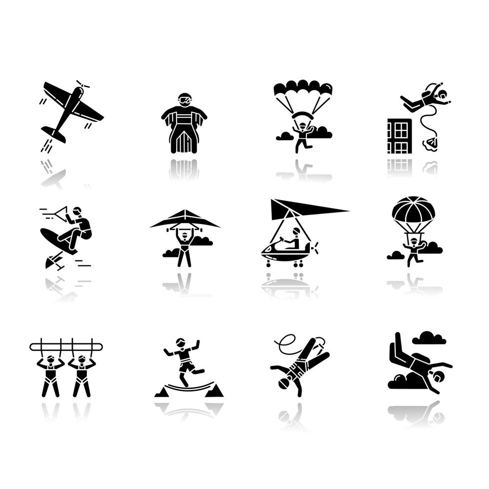 set di icone del glifo nero con ombra di goccia di sport estremi dell'aria. paracadutismo, paracadutismo, tuta alare. attività all'aperto. parapendio, acrobazie aeree e bungee jumping. illustrazioni vettoriali isolate