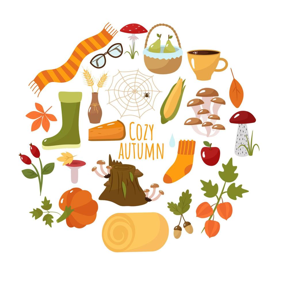 collezione autunnale, autunno accogliente. immagini di cartoni animati di calzini, sciarpa, zucca, latte macchiato, funghi, cestino, stivali, albero, ragnatela. l'illustrazione vettoriale è isolata. per il design o la decorazione