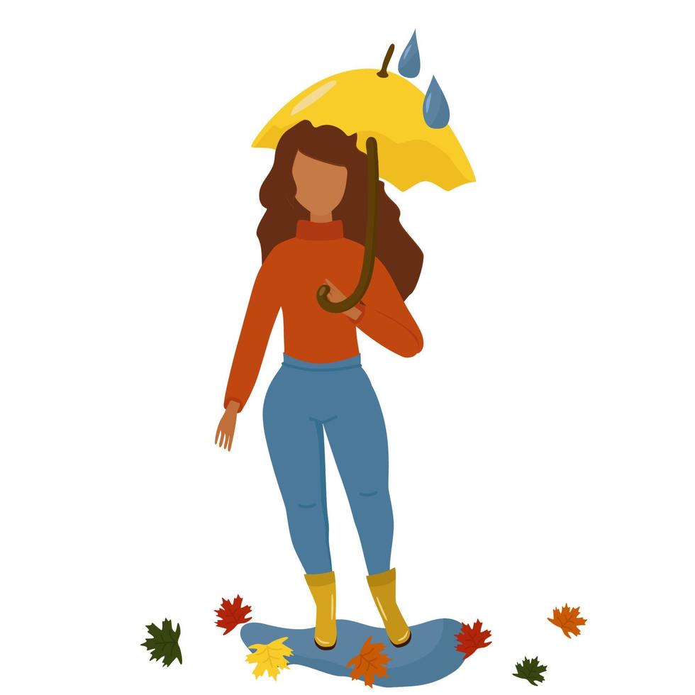 autunno. una ragazza con un ombrello giallo e stivali. illustrazione vettoriale isolata.