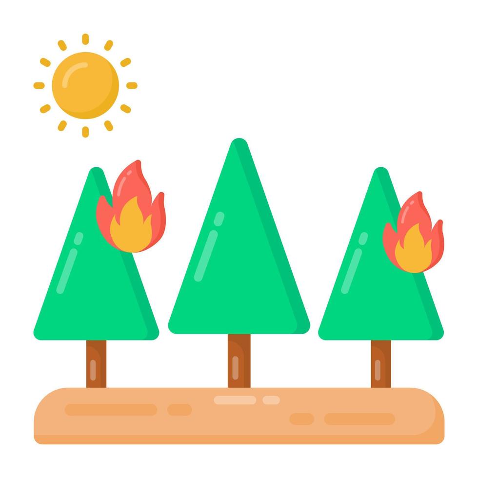 sole con conifere e fiamma, icona degli incendi boschivi vettore