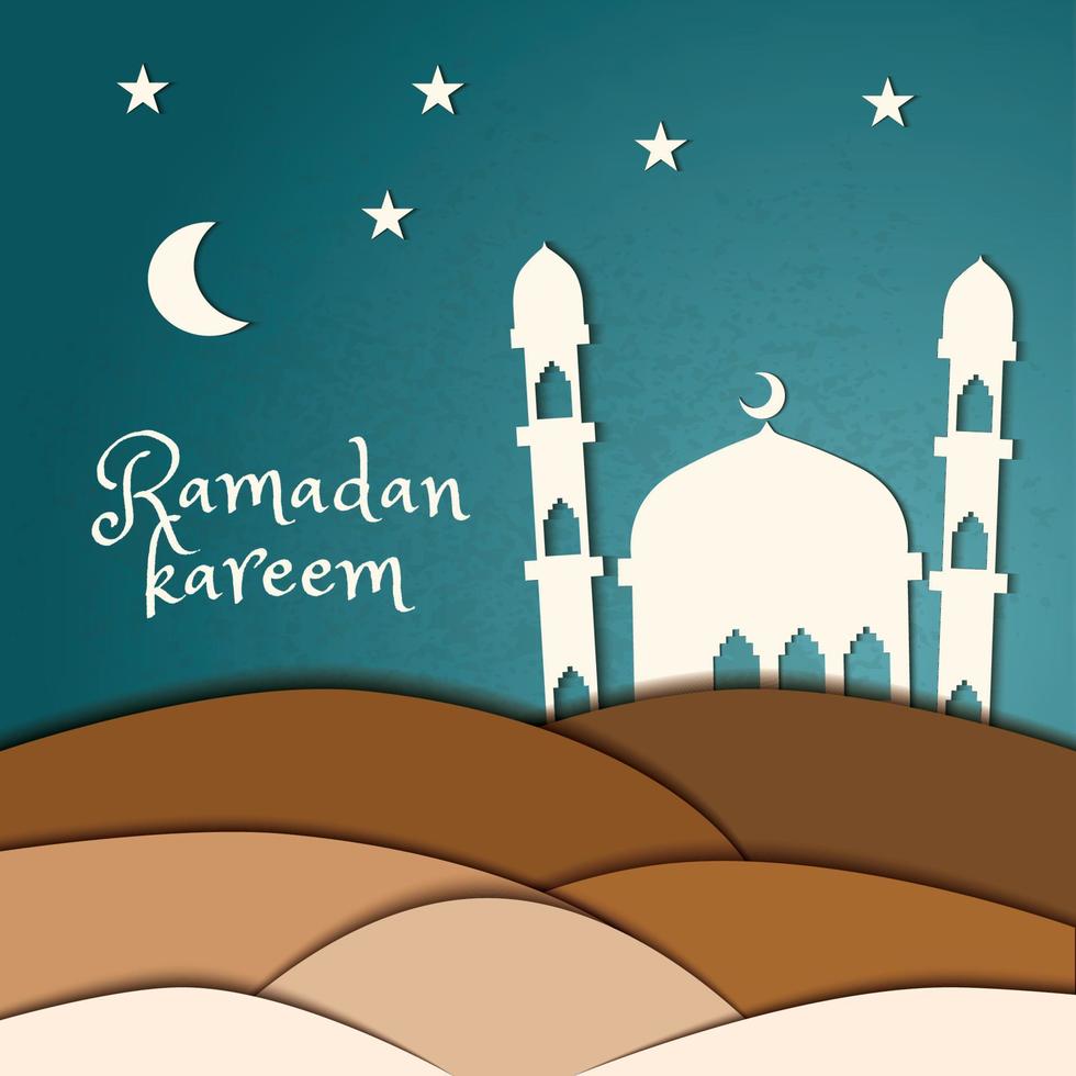 bellissimo modello di biglietto di auguri ramadan kareem in stile taglio carta. illustrazione di una moschea decorata con forme geometriche della luna, delle stelle e dell'atmosfera notturna del deserto su uno sfondo grunge. vettore