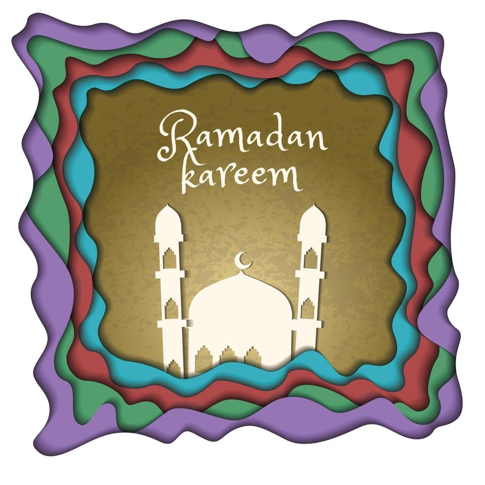 bellissimo modello di biglietto di auguri ramadan kareem in stile taglio carta. illustrazione di una moschea e minareto decorato con uno sfondo grunge. vettore