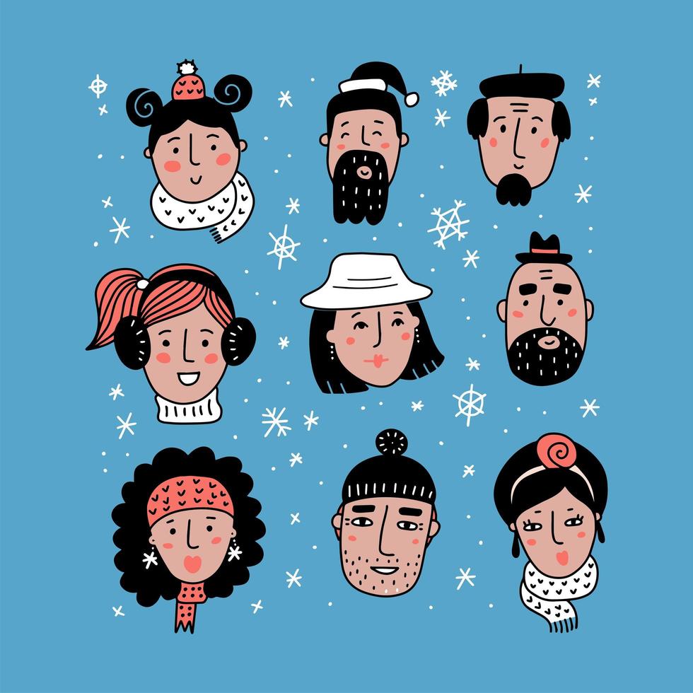 collezione di diversi volti invernali. ragazza, ragazzo, uomo, donna con cappelli lavorati a maglia. divertente cartone animato doodle persone. disegno a mano oggetti isolati su sfondo blu. illustrazione vettoriale. vettore