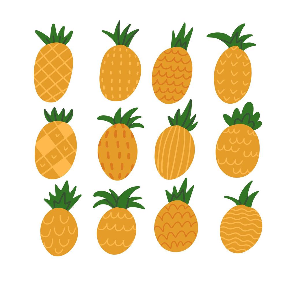 collezione di ananas diversa creativa. set di ananas disegnati a mano. frutti estivi isolati su sfondo bianco. illustrazione vettoriale colorato piatto moderno alla moda