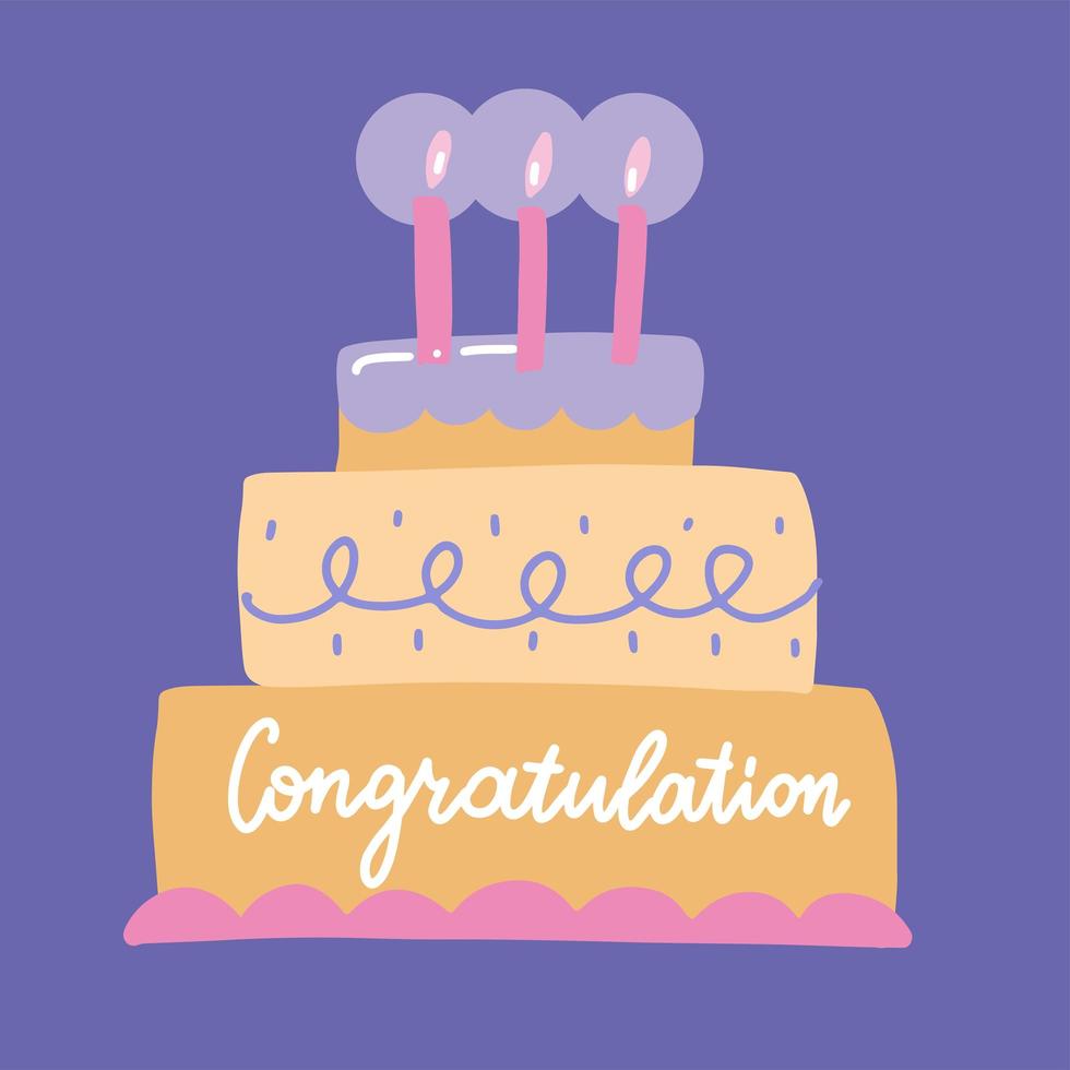congratulazioni scritte su una grande torta di compleanno con candele accese - illustrazione vettoriale piatta disegnata a mano, design per biglietto di auguri di compleanno, etichetta regalo.