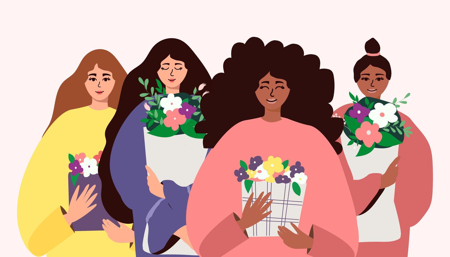 illustrazione vettoriale con donne di diverse nazionalità e culture con mazzi di fiori
