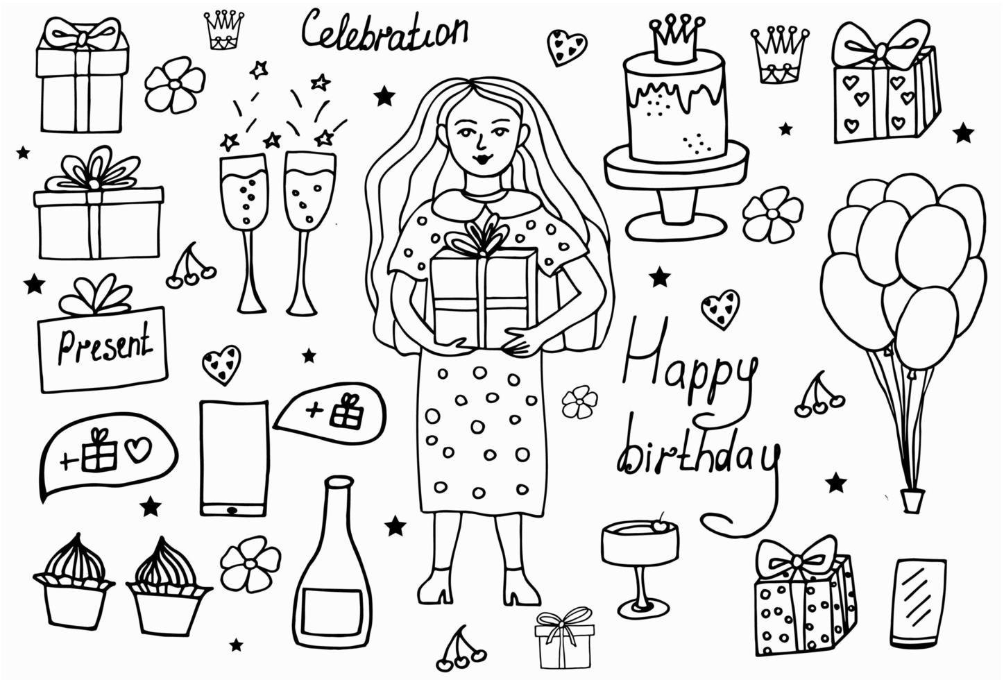 set di oggetti e simboli del fumetto doodle disegnato a mano sulla festa di compleanno. design biglietto di auguri per le vacanze e invito di matrimonio, buona festa della mamma, compleanno, San Valentino e festività vettore