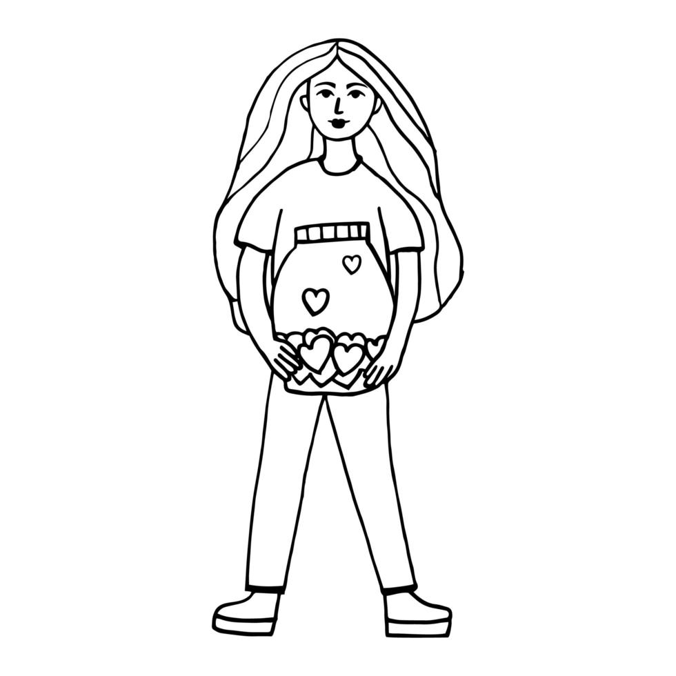 una donna con un barattolo di cuori, un'illustrazione festosa di un disegno scarabocchio per San Valentino. illustrazione vettoriale