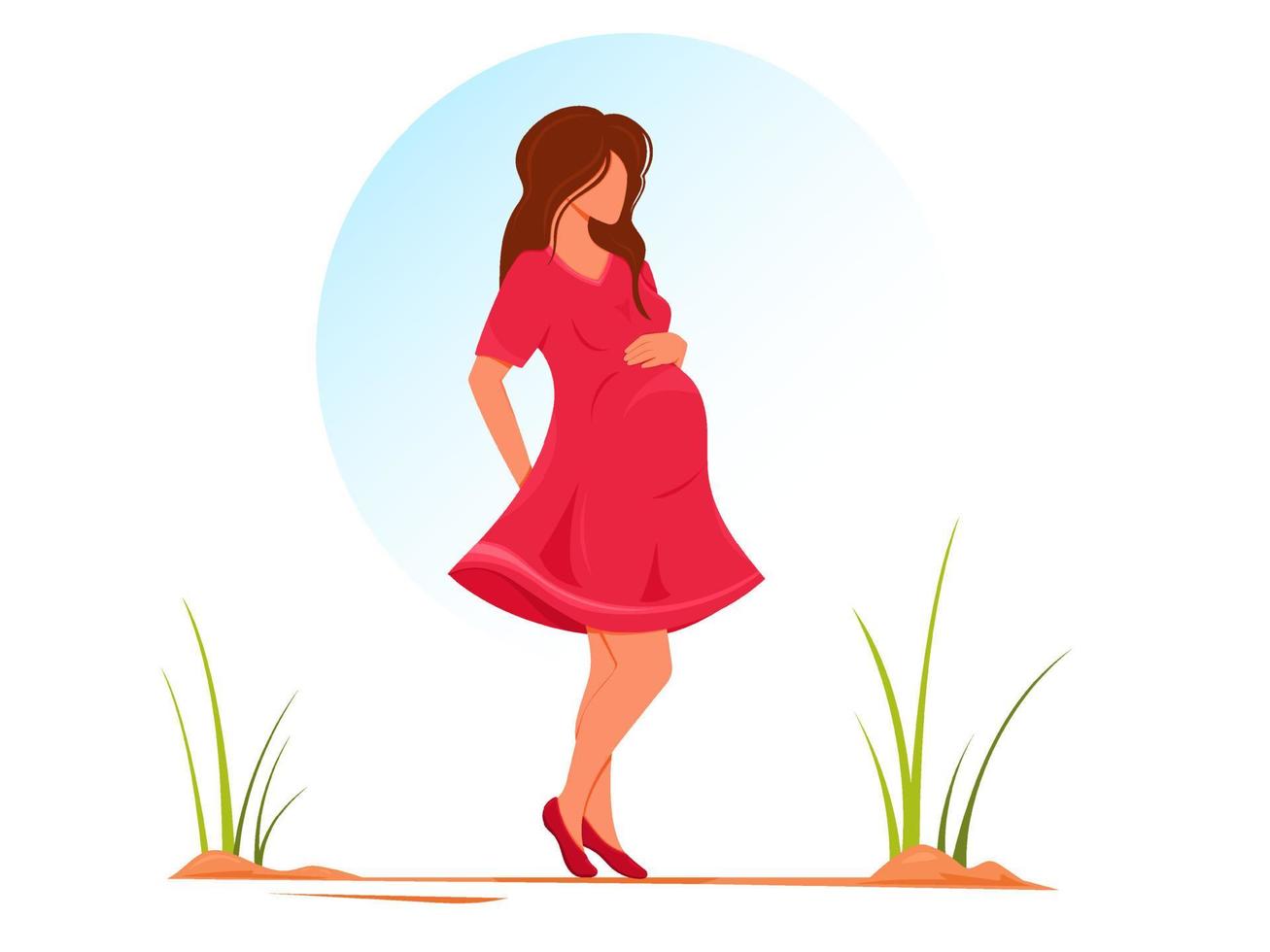 la giovane donna incinta in vestito rosso che scorre sta camminando. concetto di illustrazione vettoriale di gravidanza felice