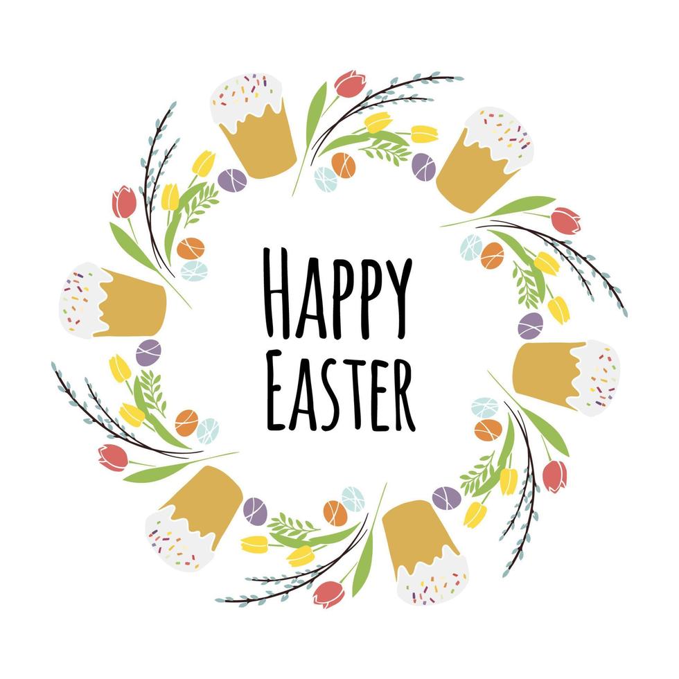illustrazione vettoriale ghirlanda di Pasqua con simboli tradizionali raccolta- torta di Pasqua e uovo, fiori primaverili biglietto di auguri di buona Pasqua in colore pastello su bianco