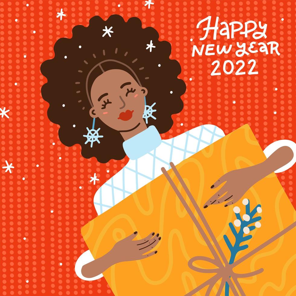 ritratto alla moda disegnato a mano di donna afroamericana che tiene in mano una grande confezione regalo. celebrazione delle vacanze di natale e capodanno. felice signora nera con acconciatura afro. sorpresa di natale vettore