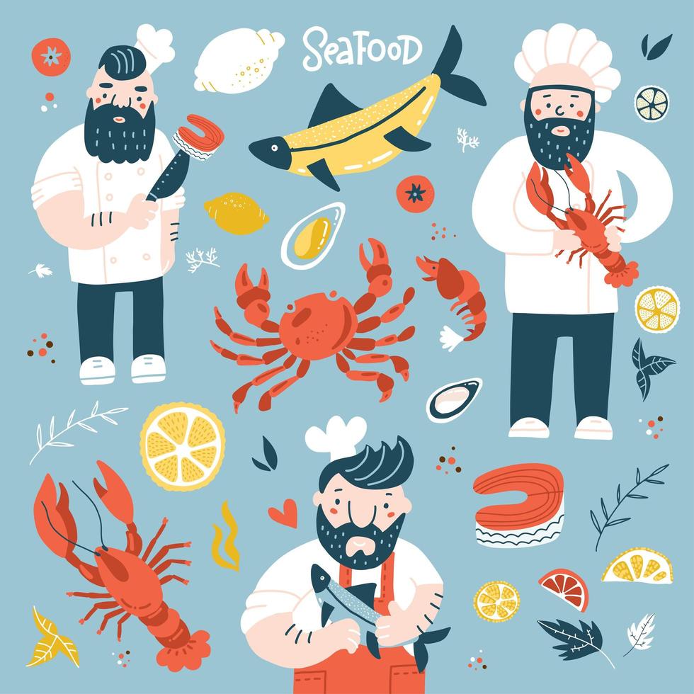 il capo dei cartoni animati cuoce tenendo il pesce fritto, l'aragosta e la bistecca di salmone. illustrazione colorata con ingredienti di mare per il tuo design. illustrazione vettoriale disegnata a mano piatta.